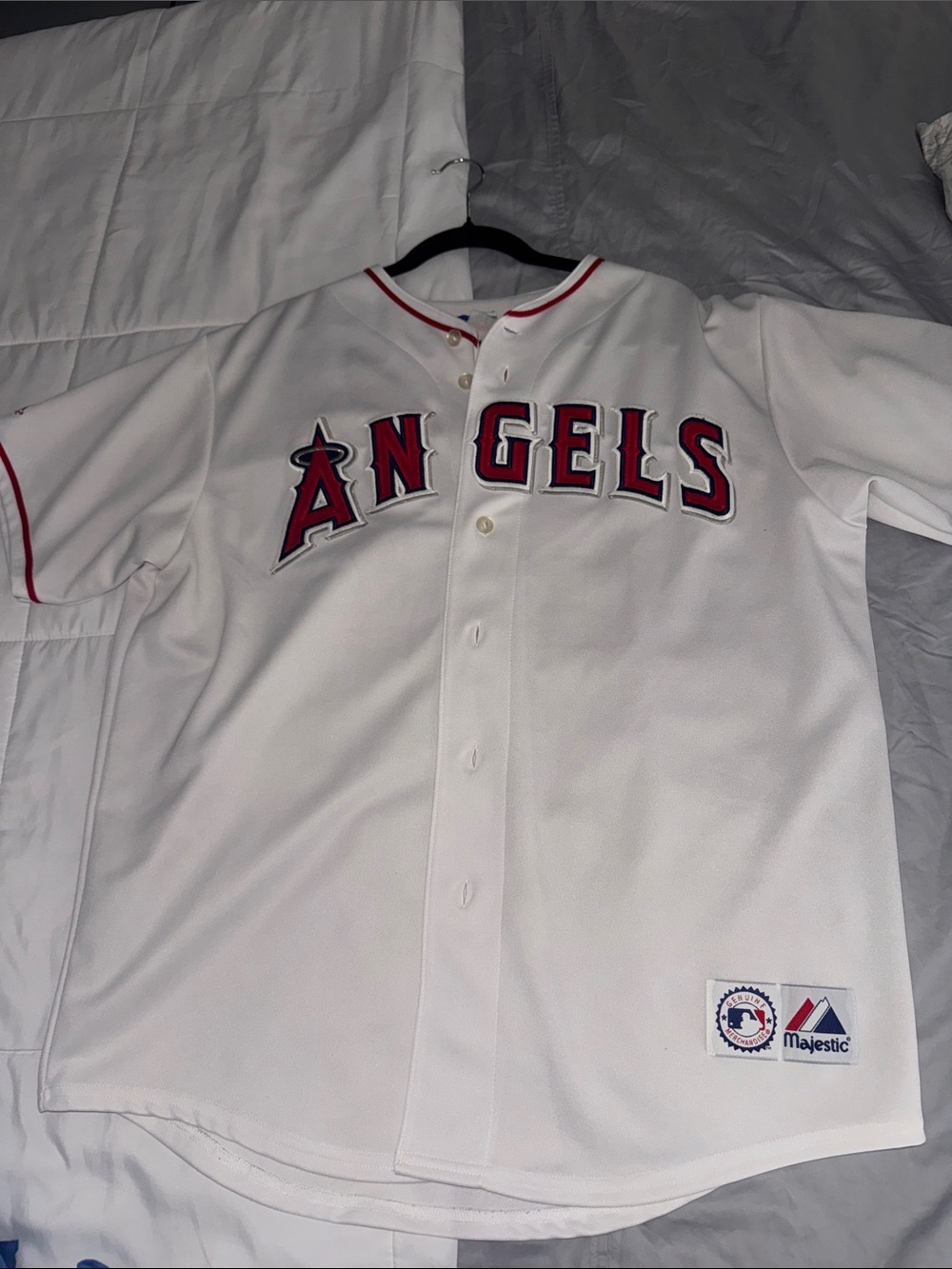 Majestic White and Red Angels MLB Button-Front Jersey